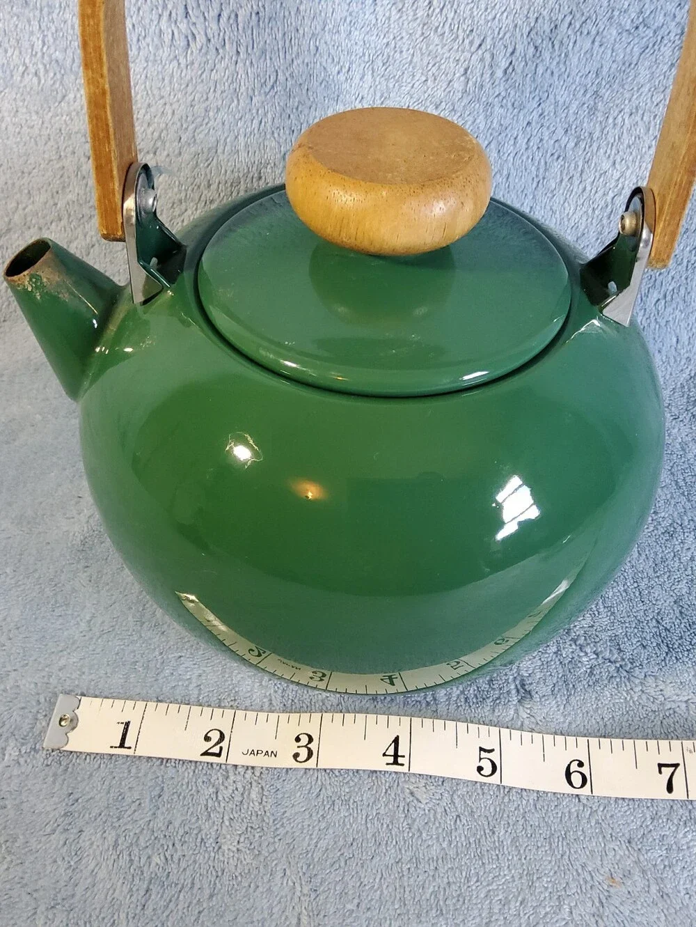 Vintage Enamelware Knob Teapot Kettle Teak Wood Handle Green Unbranded